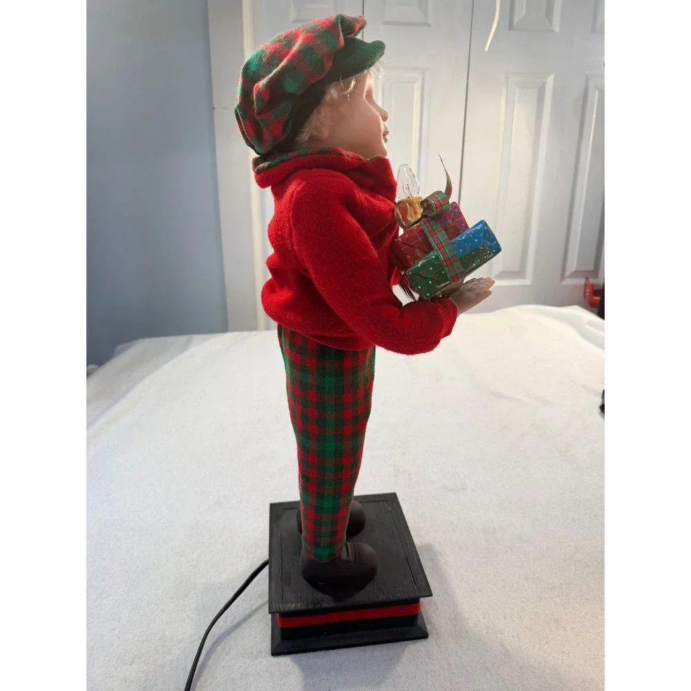 Vintage Noel Animated Christmas Boy Figure Lighted Candle Presents Plaid Outfit